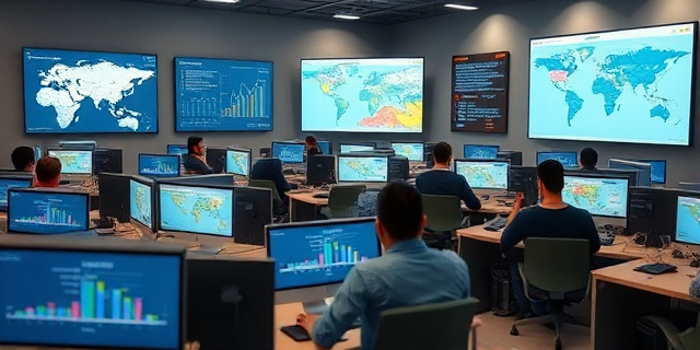 Una sala llena de personas con ordenadores, con mapas y gráficos en las pantallas, mientras discuten y analizan datos sobre la guerra en Ucrania