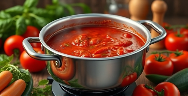 Una olla grande con salsa de tomate casera siendo cocinada a fuego lento, con ingredientes frescos alrededor