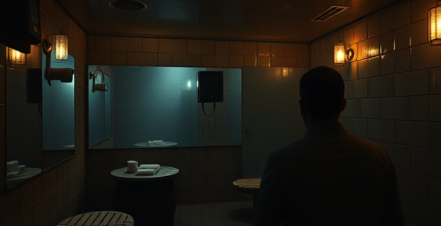 Una sauna clandestina con cámaras ocultas en los espejos y micrófonos en las paredes, con un ambiente turbio y sórdido. Un hombre en la sombra, posiblemente Pedro Sánchez, observa las grabaciones en un monitor con una mezcla de curiosidad y cálculo.