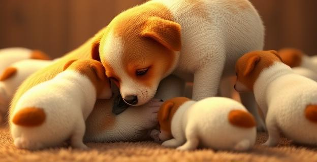 Imagen de un cachorro siendo amamantado por su madre en un entorno cálido y acogedor, con otros cachorros alrededor.