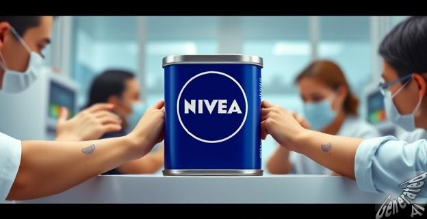Una imagen de una lata de crema Nivea azul con un grupo de personas aplicando la crema en sus antebrazos, con un fondo de laboratorio
