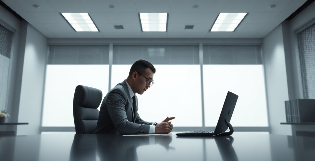 Una imagen de un hombre sentado en un escritorio, con un ambiente de oficina minimalista y serio, simbolizando el aislamiento y la concentración del poder