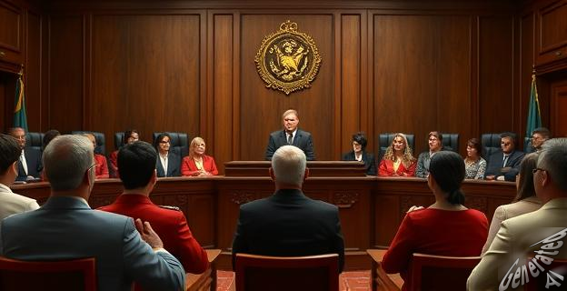 Una imagen de un tribunal con un jurado popular y Begoña Gómez en el banquillo