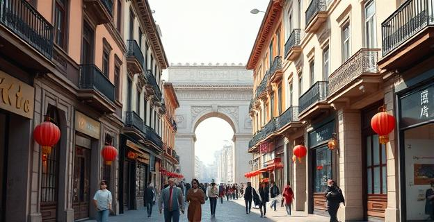Imagen de una calle en Qingtian con influencias arquitectónicas europeas y personas de origen chino en el barrio de Usera en Madrid o en el Arc de Triomf en Barcelona.