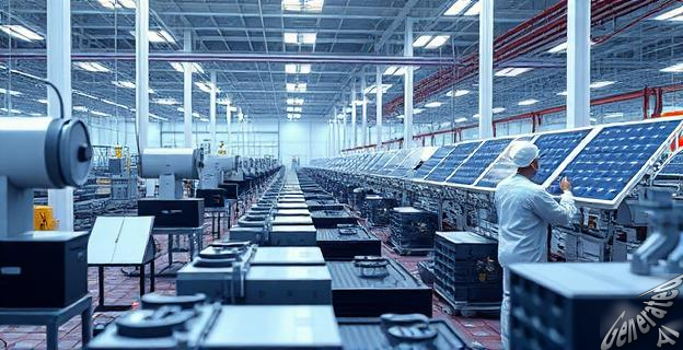 Una imagen de una fábrica de baterías de litio en China con trabajadores ensamblando componentes, con paneles solares al fondo.