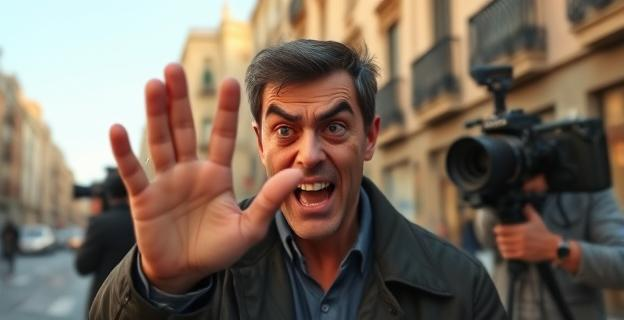 Imagen de un hombre enfadado con una cámara y un reportero al fondo, en una calle de Barcelona, con un ambiente tenso y un gesto de rechazo con la mano.