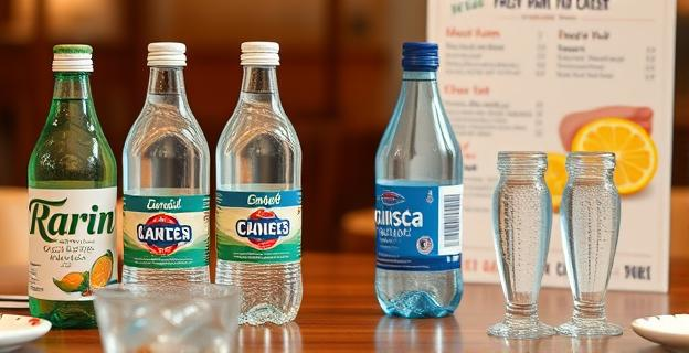 Una mesa de restaurante con varias botellas de agua de diferentes marcas y tamaños, con un vaso de agua con hielo y limón al lado. Al fondo se ve una carta de menú con opciones de quesos y jamones