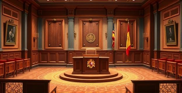 Sala de un juzgado con una mesa de juez y un estrado con la bandera de España, representando una vista judicial sobre una demanda relacionada con pagos a un concejal.