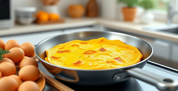 Una sartén con una tortilla de papas dorada y cremosa, rodeada de ingredientes frescos como papas y huevos, con un toque de aceite de oliva y una pizca de sal, en una cocina moderna y luminosa.