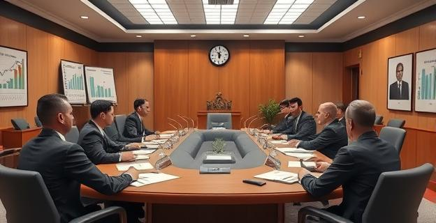 Una imagen de una reunión de funcionarios en una oficina gubernamental con documentos y gráficos que muestran incrementos salariales