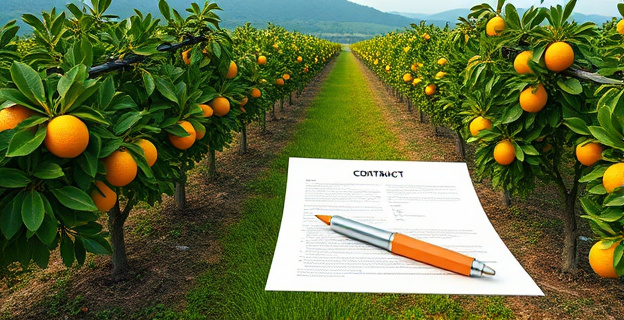 Un campo de cítricos con árboles cargados de fruta en un entorno rural, con un contrato y una pluma de escribir en primer plano, simbolizando la negociación y los acuerdos comerciales.
