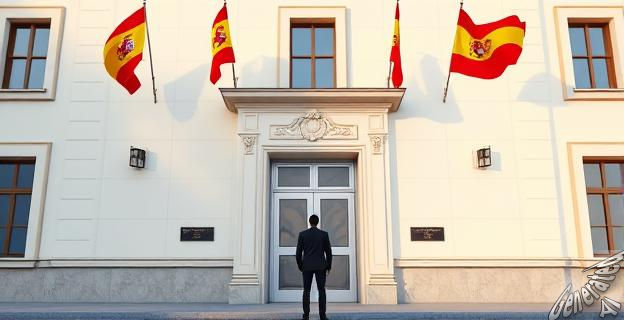 Una imagen de la fachada de La Moncloa con banderas españolas ondeando, y una silueta de una persona anónima en la puerta principal.