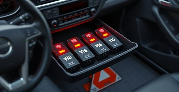 Imagen de una guantera de coche con varias balizas de emergencia V16 dentro, junto a un volante y un asiento de conductor. Al fondo, se ve un triángulo de emergencia tradicional en el suelo.