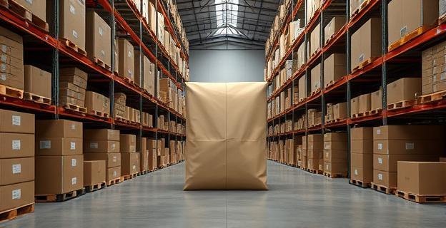 Un almacén con cajas de embalaje y una obra de arte envuelta en papel marrón en el centro