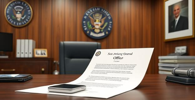 Un despacho oficial con membrete de la Fiscalía General del Estado y un teléfono móvil en una mesa de trabajo