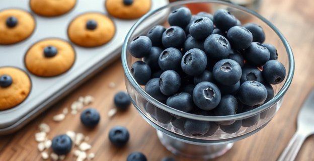 Una composición visual que muestra un tazón de cristal lleno de arándanos frescos sobre una mesa de madera rústica. Al lado, una bandeja de muffins recién horneados sin gluten, con pequeñas manchas moradas de arándanos. Ingredientes como harina de almendra, huevos y dátiles están sutilmente dispuestos alrededor, creando una atmósfera de cocina casera y saludable. La luz cálida realza la textura de los alimentos.