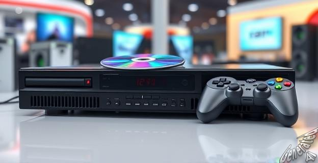 Una imagen de una consola de videojuegos con un CD y un mando, con un fondo de una feria de electrónica.
