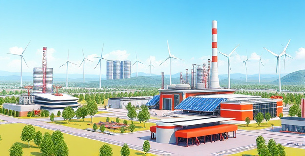 Imagen de un paisaje industrial con fábricas y plantas de energía renovable, mostrando paneles solares y turbinas eólicas en un entorno futurista y limpio.