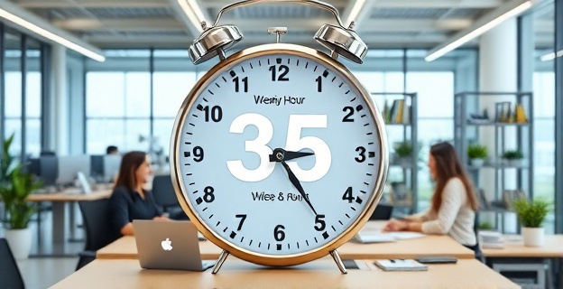 Una imagen que represente un reloj marcando 35 horas semanales en un entorno de oficina moderna con trabajadores felices y productivos