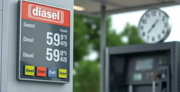 Imagen de una gasolinera con un cartel que muestra los precios de la gasolina y el diésel, con un termómetro en el fondo que indica una temperatura moderada, y un reloj que marca las 9:45 de la mañana del lunes.