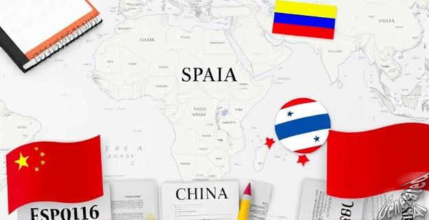 Imagen de un mapa político con EEUU, España, China y Venezuela resaltados, rodeados de documentos y banderas