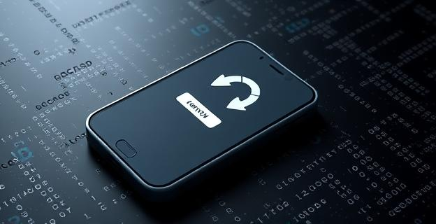 Una imagen de un teléfono móvil con una pantalla que muestra una papelera de reciclaje vacía, rodeado de código binario y sombras de archivos eliminados, con un fondo oscuro que representa la memoria del dispositivo