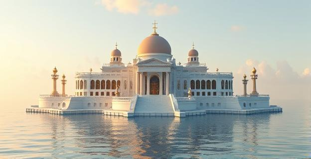 Imagen de un palacio de lujo en una isla con un gran dispositivo de seguridad y un espacio marítimo cerrado