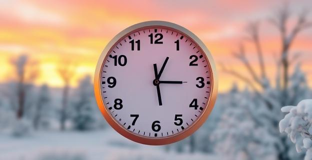 Imagen de un reloj mostrando el cambio de hora con un fondo que muestra un paisaje invernal en España, con diferentes horas de amanecer y anochecer