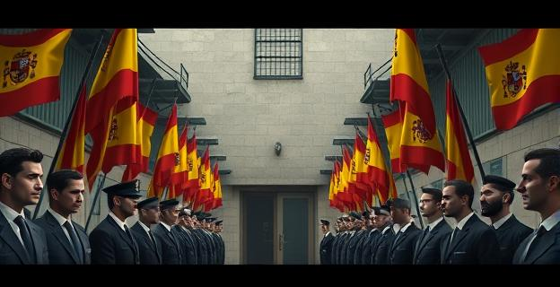 Una prisión con banderas españolas ondeando en el exterior, con un ambiente de tensión y malestar reflejado en las expresiones de los funcionarios y reclusos alrededor