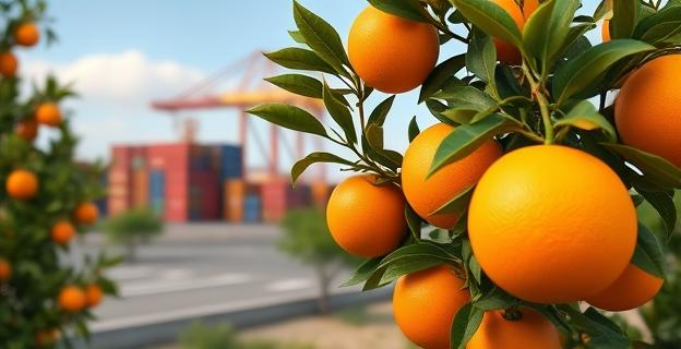Imagen de un naranjo con naranjas en primer plano y al fondo una fábrica de procesamiento de cítricos con contenedores de importación/exportación