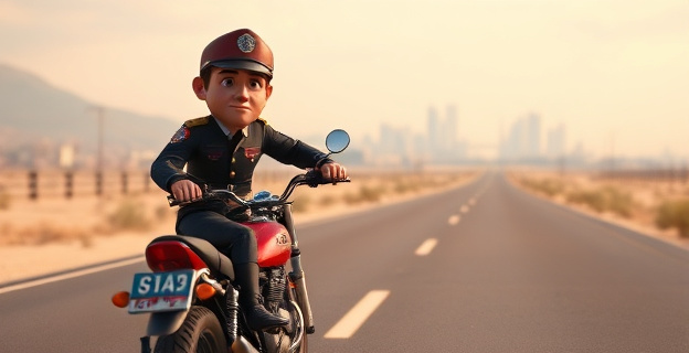Imagen de un guardia civil en moto en una carretera desierta, con un paisaje urbano al fondo y una expresión de cansancio en el rostro.