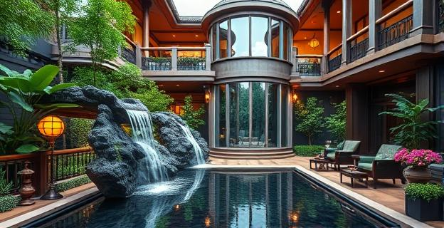 Una mansión lujosa con cascada y jardín que da a la carretera, con un traje de samurái en el salón, representando la opulencia y el poder económico de Javier Hidalgo