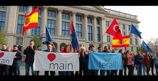 Imagen de un grupo de agricultores con pancartas protestando frente a un edificio institucional en Bruselas, con banderas de la Unión Europea y España de fondo.