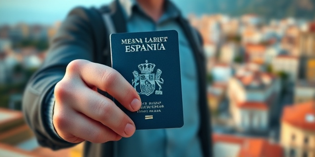 Una imagen de una persona con un pasaporte falso en la mano, con un fondo de una ciudad española
