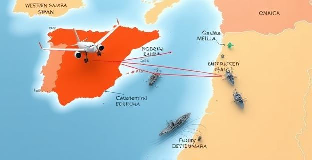 Mapa de Marruecos y España con zonas en disputa resaltadas, incluyendo el Sáhara Occidental, Ceuta, Melilla y las Islas Canarias. Un avión sobrevolando el espacio aéreo en disputa y barcos realizando maniobras navales cerca de Fuerteventura.