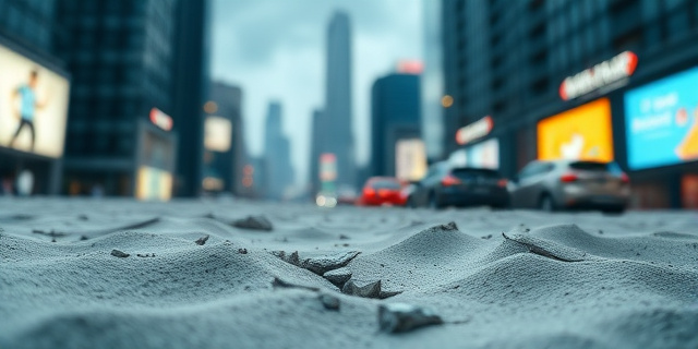 Una composición abstracta que representa líneas de código fracturadas y desmoronándose como arena, con tonos fríos y metálicos. En el fondo, siluetas difuminadas de edificios modernos y anuncios brillantes que se distorsionan. Un ambiente general de inestabilidad y engaño visual.
