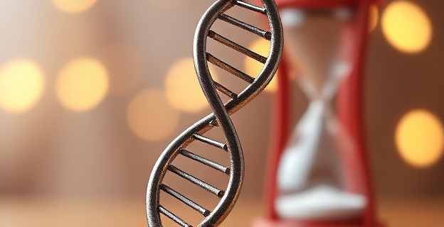 Una representación artística de una doble hélice de ADN con un reloj de arena en el fondo, simbolizando el tiempo y la genética.