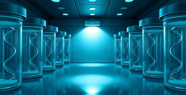 Un banco de esperma con varias muestras de ADN en contenedores de almacenamiento, con un foco de luz en el centro destacando la importancia de la genética en la donación de esperma.