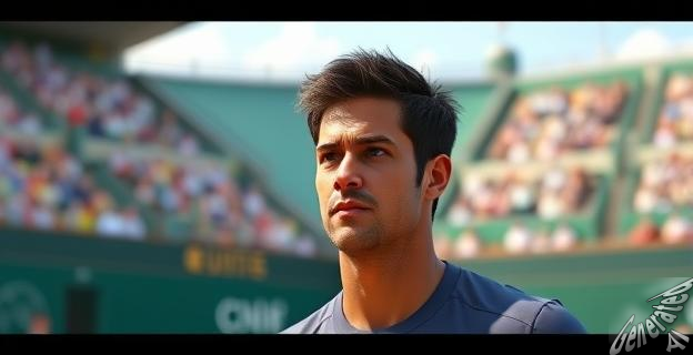 Imagen de Carlos Alcaraz en una cancha de tenis con una expresión de concentración, al fondo una imagen borrosa de la Copa Davis.