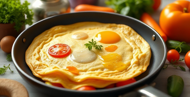 Una sartén con una tortilla francesa dorada y esponjosa, rodeada de vegetales frescos, hierbas aromáticas y un toque de aceite de oliva, con un ambiente luminoso y saludable.