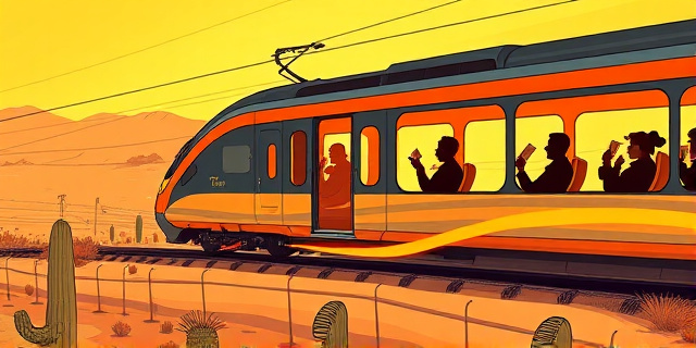 Una ilustración satírica de un tren de alta velocidad moderno atravesando un paisaje árido y soleado de Extremadura. El tren parece estar fundiéndose como si fuera de cera o queso, con vapor caliente saliendo de las ventanas. En el interior, se ven siluetas de personas abanicándose desesperadamente con billetes de tren. Estilo de caricatura editorial de periódico, colores cálidos intensos, naranjas y amarillos predominantes.
