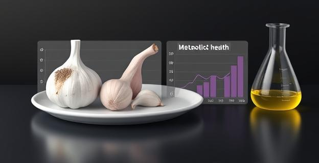 Imagen de un plato con ajo y cebolla al lado de un gráfico que muestra la mejora en la salud metabólica y un frasco de laboratorio con una sustancia que representa los dialil sulfurados