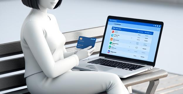 Una mujer sentada en un banco con una tarjeta de crédito en la mano y un ordenador portátil mostrando una pantalla de banca electrónica con varias transferencias realizadas.