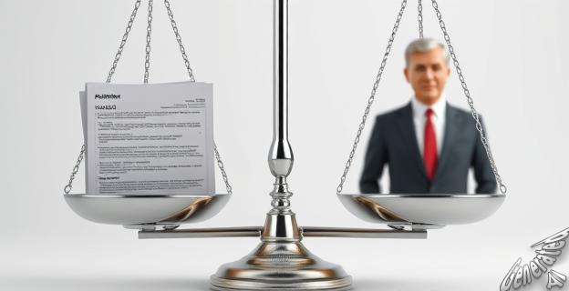 Imagen de una balanza con un lado con documentos y el otro con una figura política borrosa, simbolizando la falta de transparencia en la información financiera de los políticos y sus familiares.