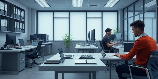 Un despacho moderno con escritorios ordenados, una mesa con laptop y documentos, una persona escribiendo en una computadora, otra mirando la pantalla con atención, luces tenues y un ambiente de trabajo cotidiano sin rostros identificables