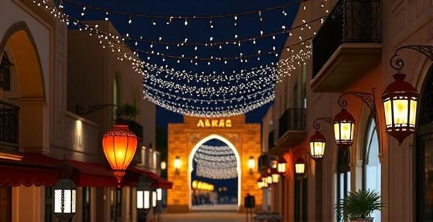 Imagen de una calle en Melilla iluminada con luces de Ramadán, con elementos ornamentales islámicos y estructuras tridimensionales. En el fondo, un arco luminoso y guirnaldas que iluminan la noche.