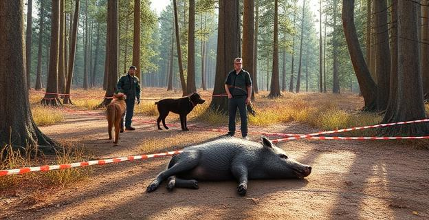 Imagen de un parque natural con perros de rastreo y agentes forestales trabajando en una zona boscosa, con un jabalí muerto en el suelo y una zona de exclusión marcada con cintas de advertencia