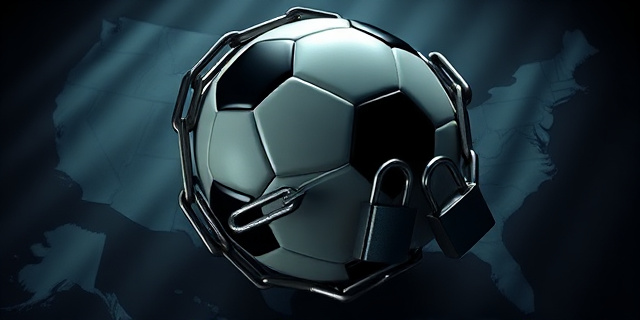 Imagen conceptual que represente un balón de fútbol con cadenas y candados, sobre un mapa de Estados Unidos. Tonos oscuros y contrastados, estilo hiperrealista. Transmitir la sensación de opresión y deuda.