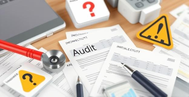 Imagen de una auditoría con documentos y facturas desordenadas sobre material sanitario con marcas de interrogación y símbolos de alerta