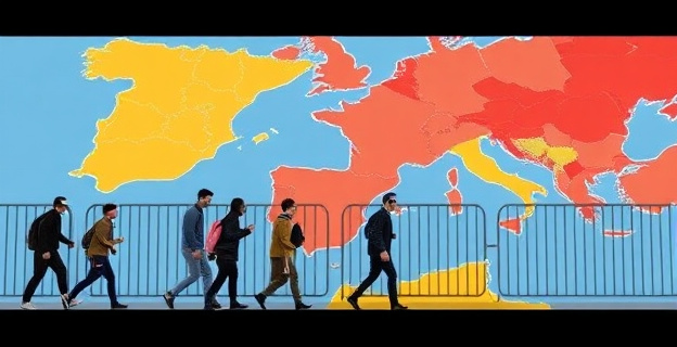 Una imagen que represente la inmigración irregular en España, con personas cruzando una frontera y un mapa de África y Europa al fondo.